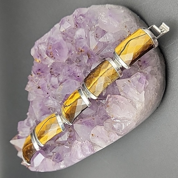 925 Sterling Silver Faceted Tigers Eye 5 Panel Mens Gemstone Bracelet Size 7 - Picture 14 of 14